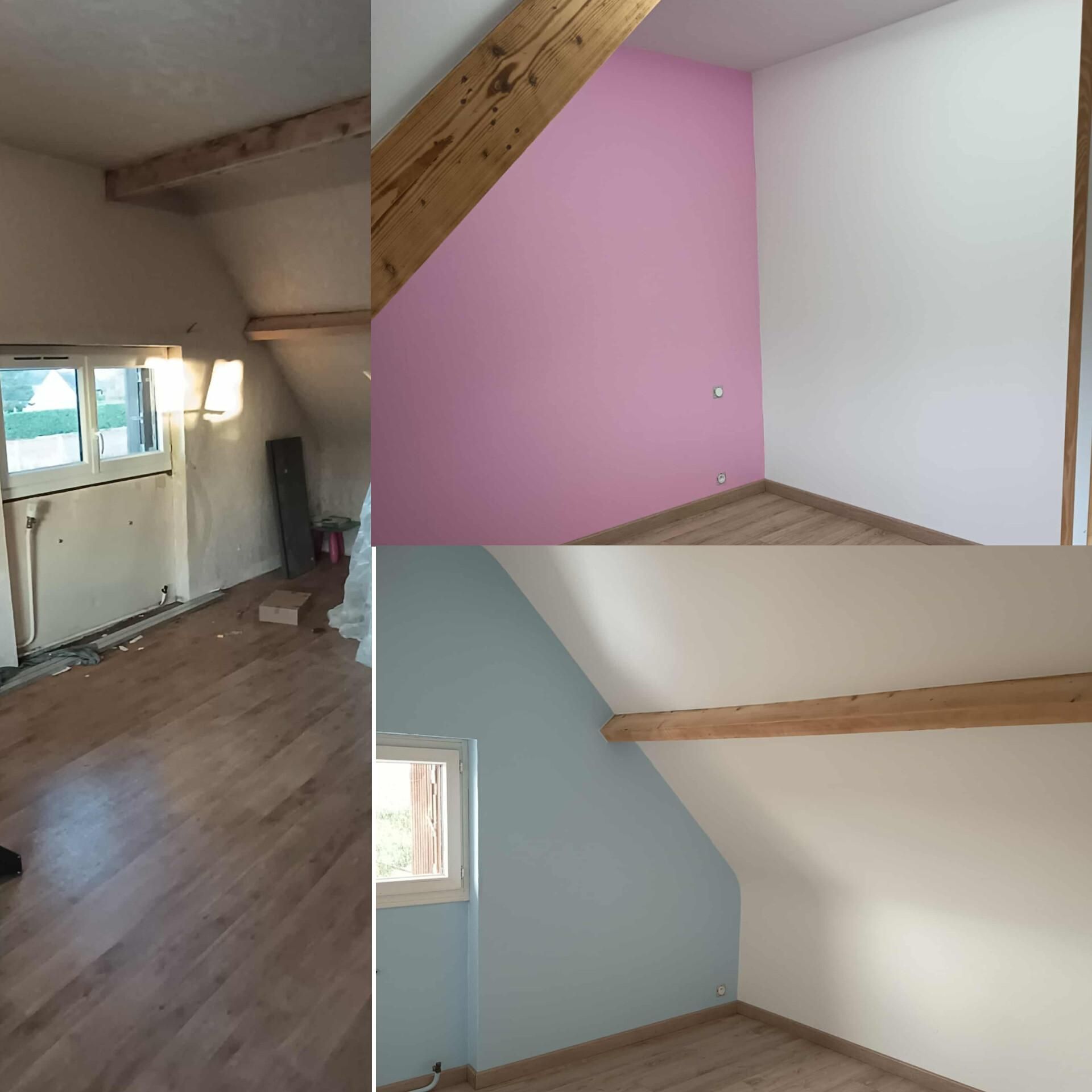 Trois vues d'une pièce avec parquet : l'une avec des murs blancs, l'autre avec des murs roses et l'autre bleu clair