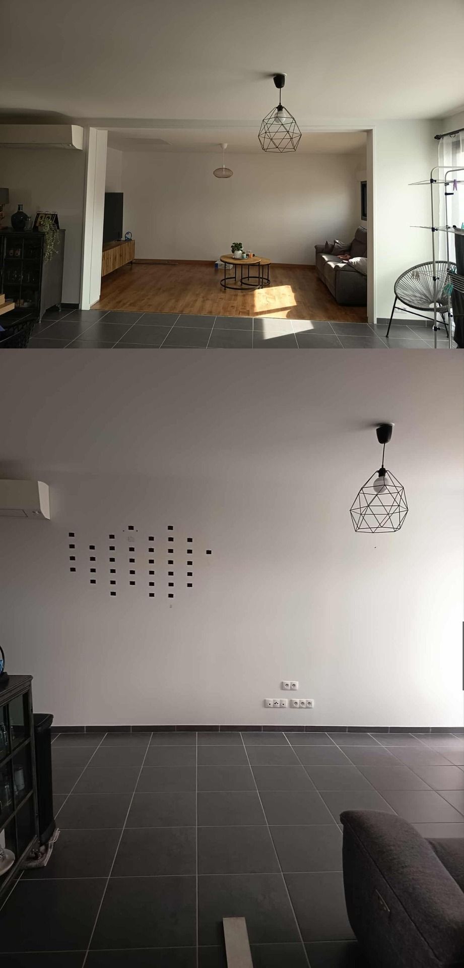 Vue intérieure en deux parties d'une pièce comprenant un coin salon et un mur décoré