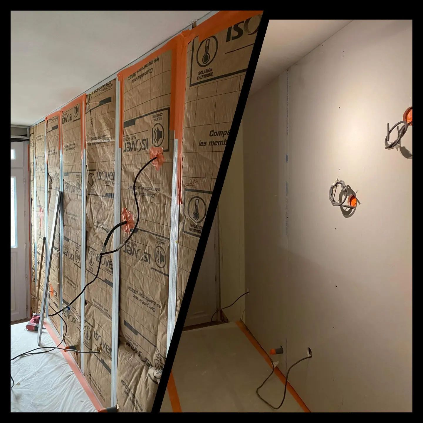 État d'avancement des travaux : mur isolé et câblé, transition vers des plaques de plâtre finies avec prises électriques