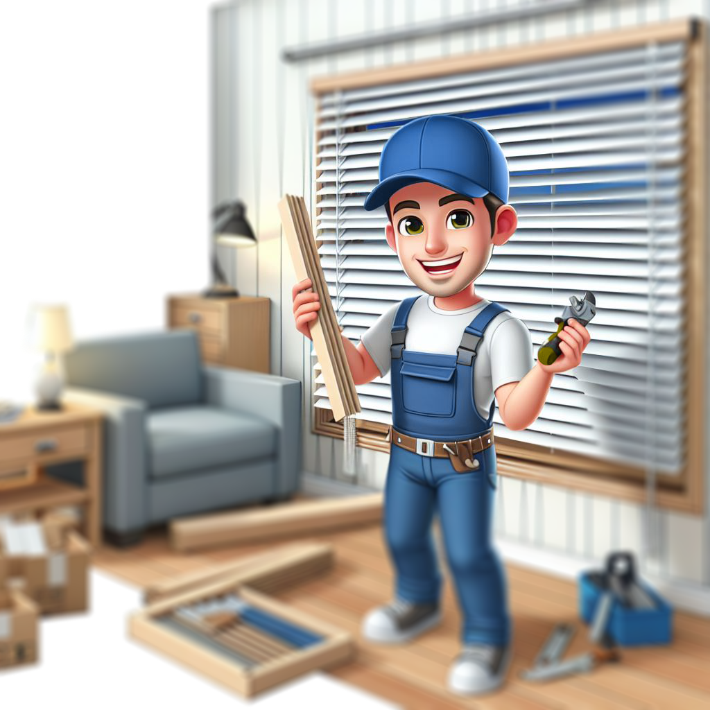 Mascotte de l'entreprise en pleine installation de stores