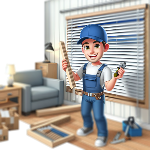 Mascotte de l'entreprise en pleine installation de stores