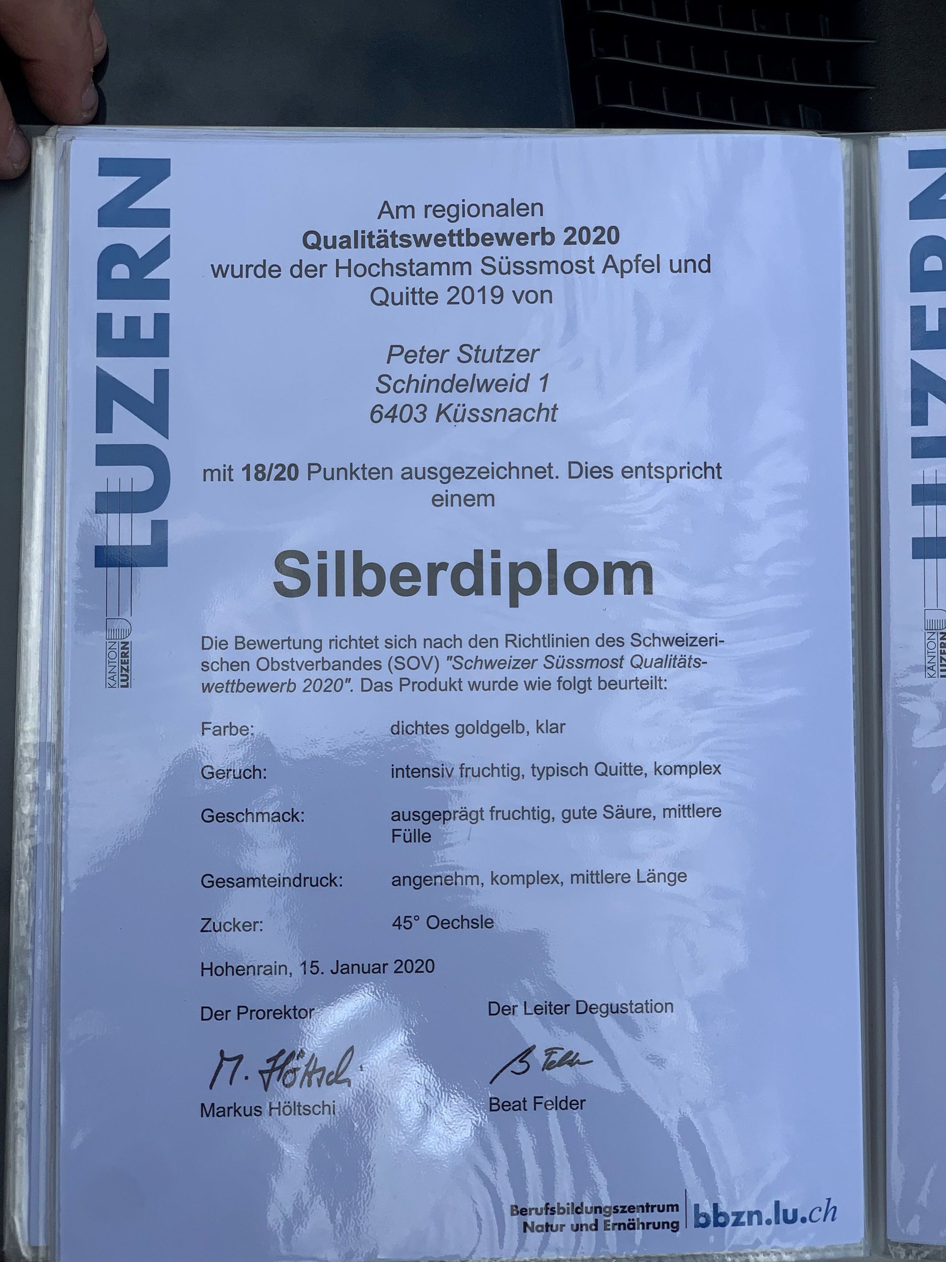 Hochstamm Süssmost Apfel und Quitte 2019 - Peter Stutzer - Küssnacht am Rigi