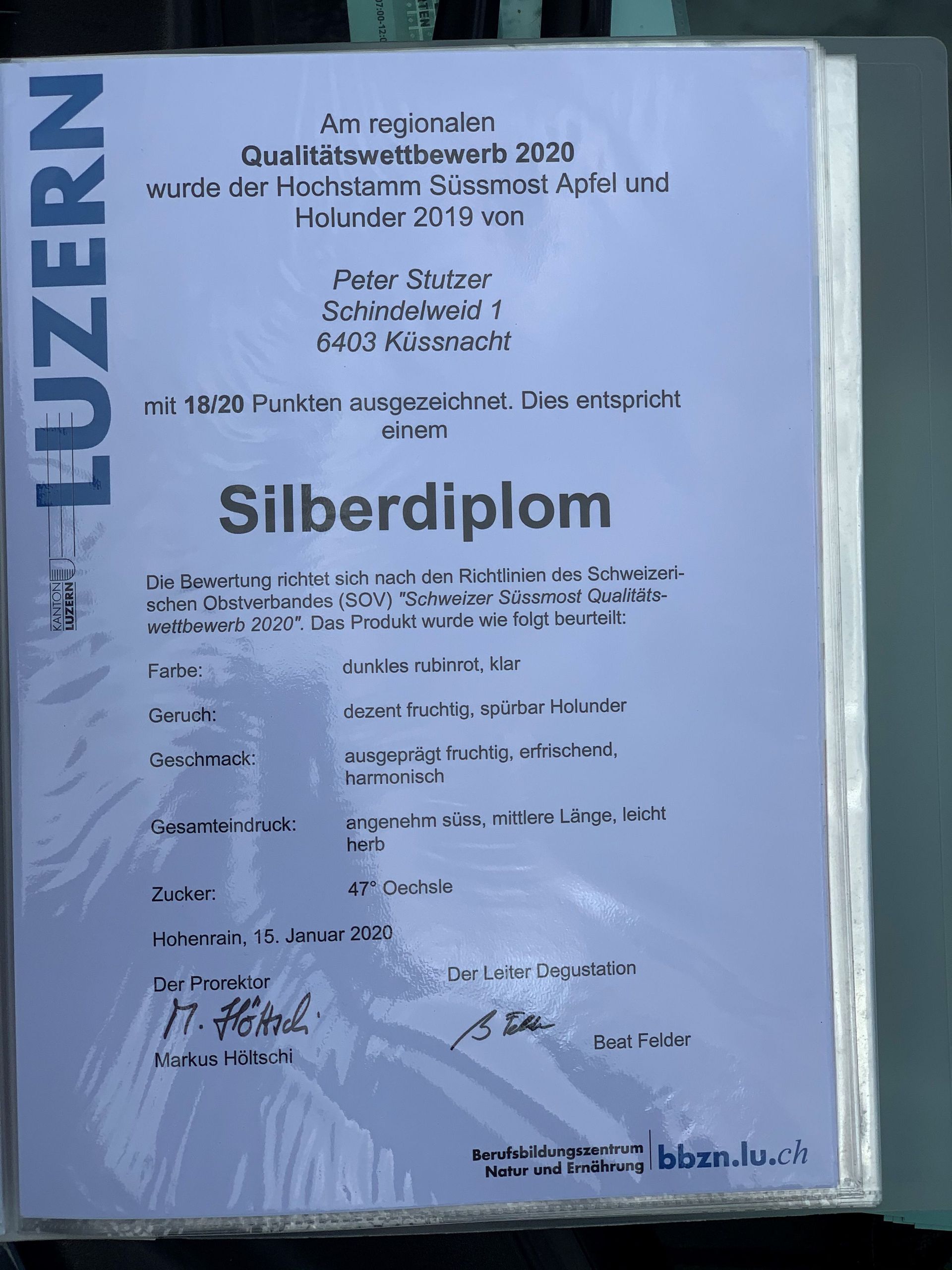 Hochstamm Süssmost Apfel und Holunder 2019 - Peter Stutzer - Küssnacht am Rigi