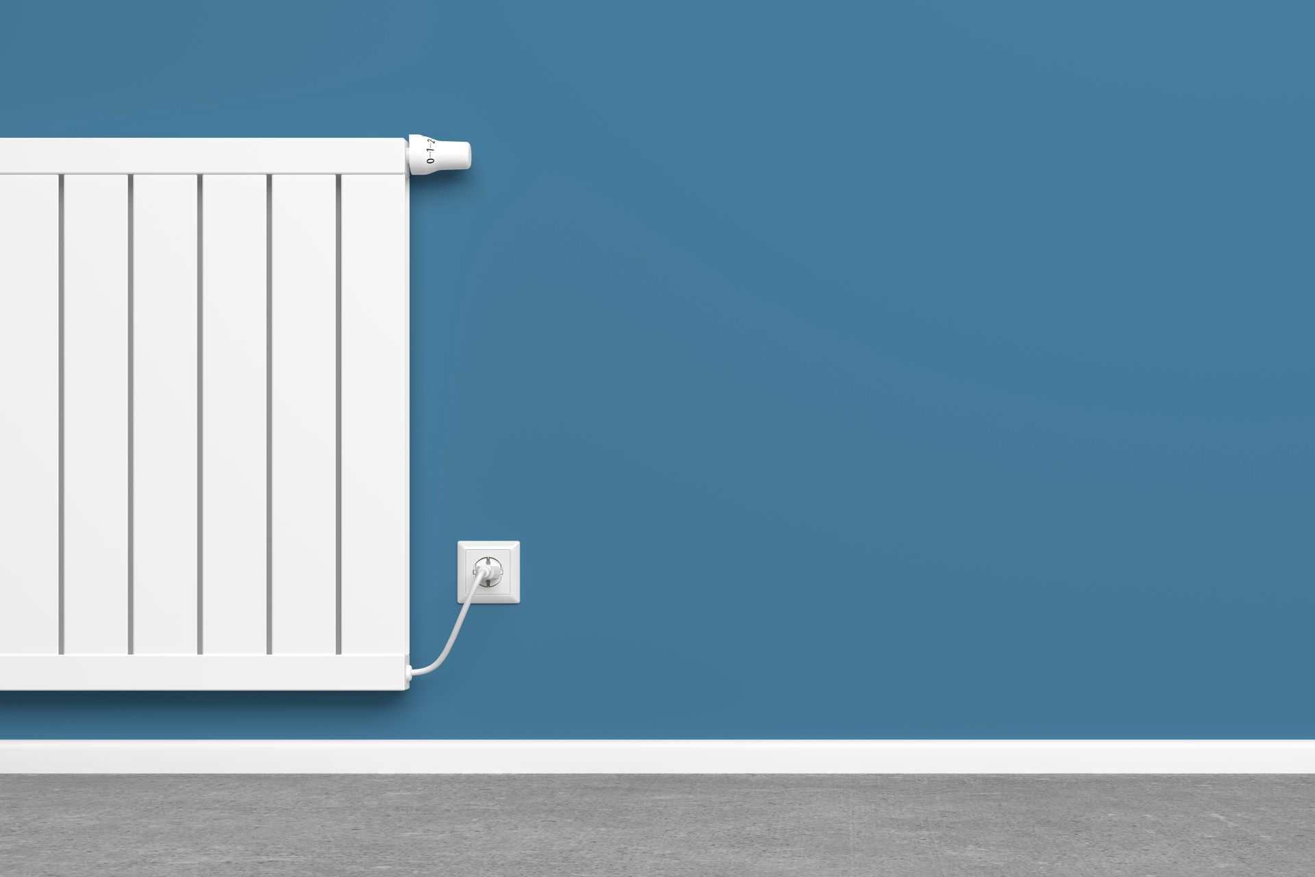 Radiateur électrique blanc accroché à un mur bleu