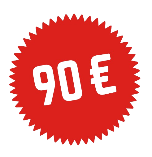 Vignette ronde avec prix de 90 euros affichée sur fond rouge