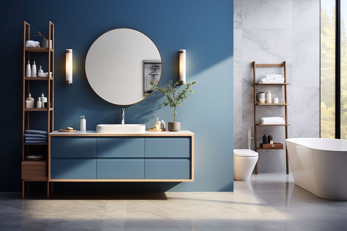 Salle de bains dans les tons bleus avec baignoire sabot et meuble vasque de couleur bleue et bois