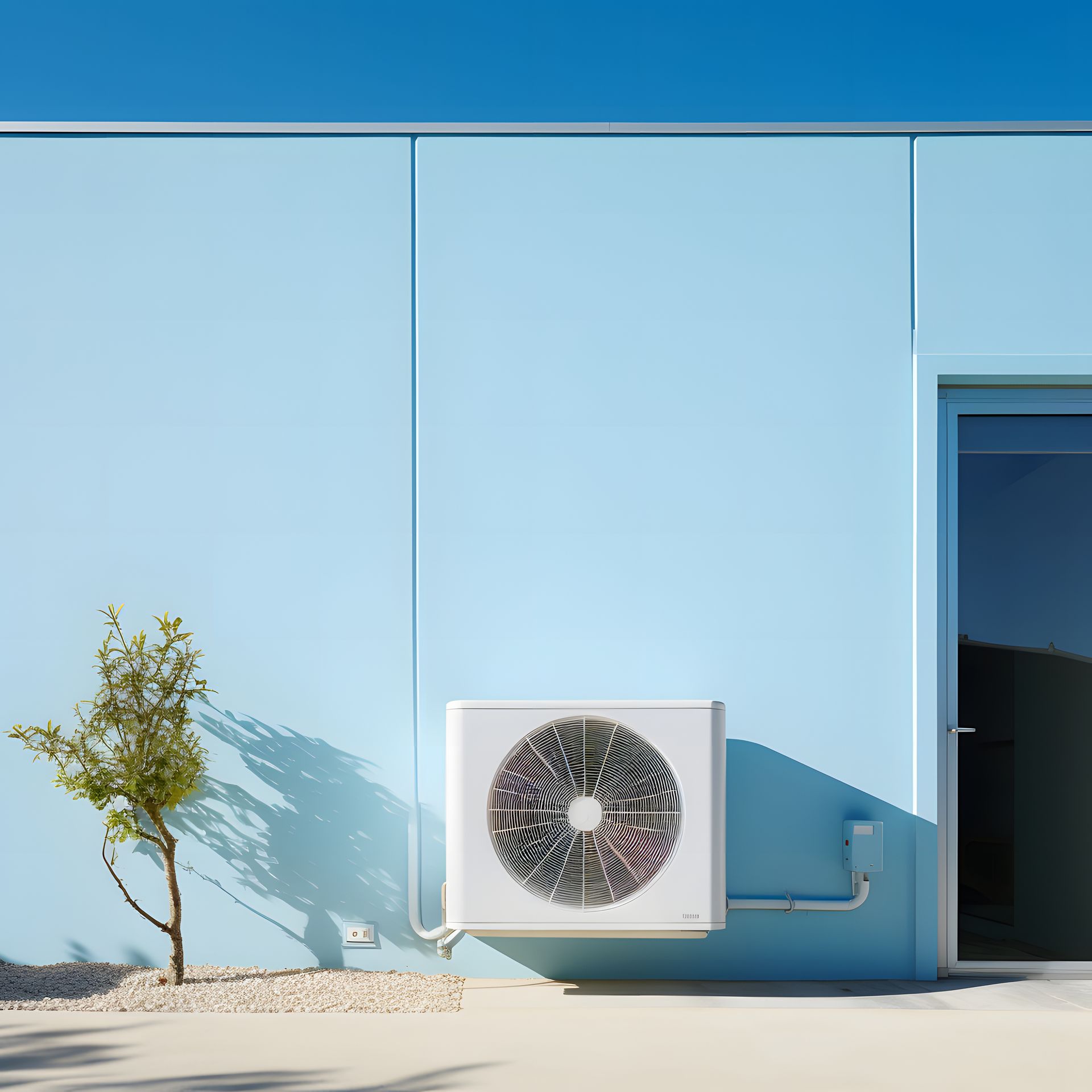 Pompe à chaleur contre un mur bleu