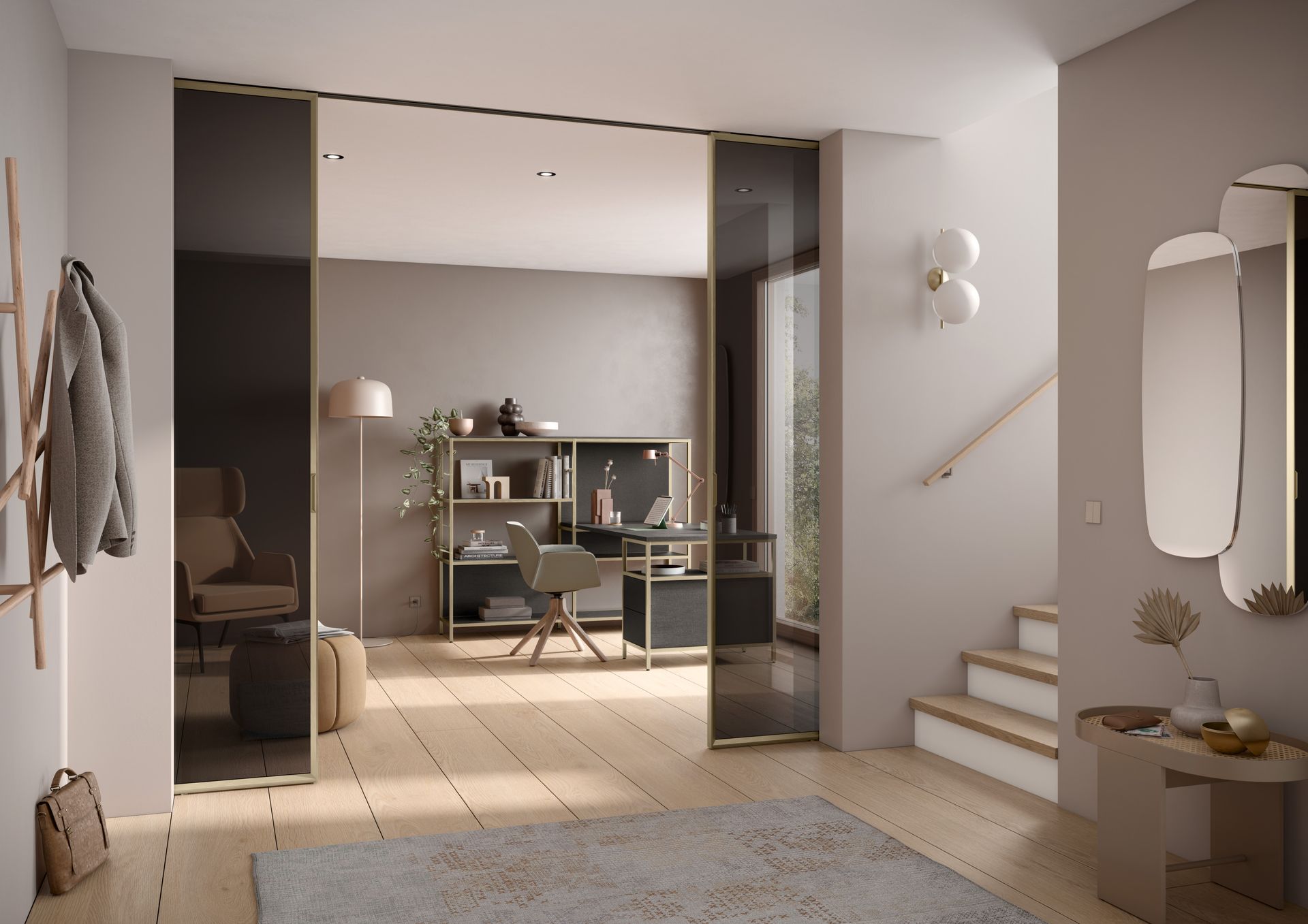 Ein Flur mit Glasschiebetüren, der zu einem Wohnzimmer und einer Treppe führt. Wohntrend NRW Raumplus