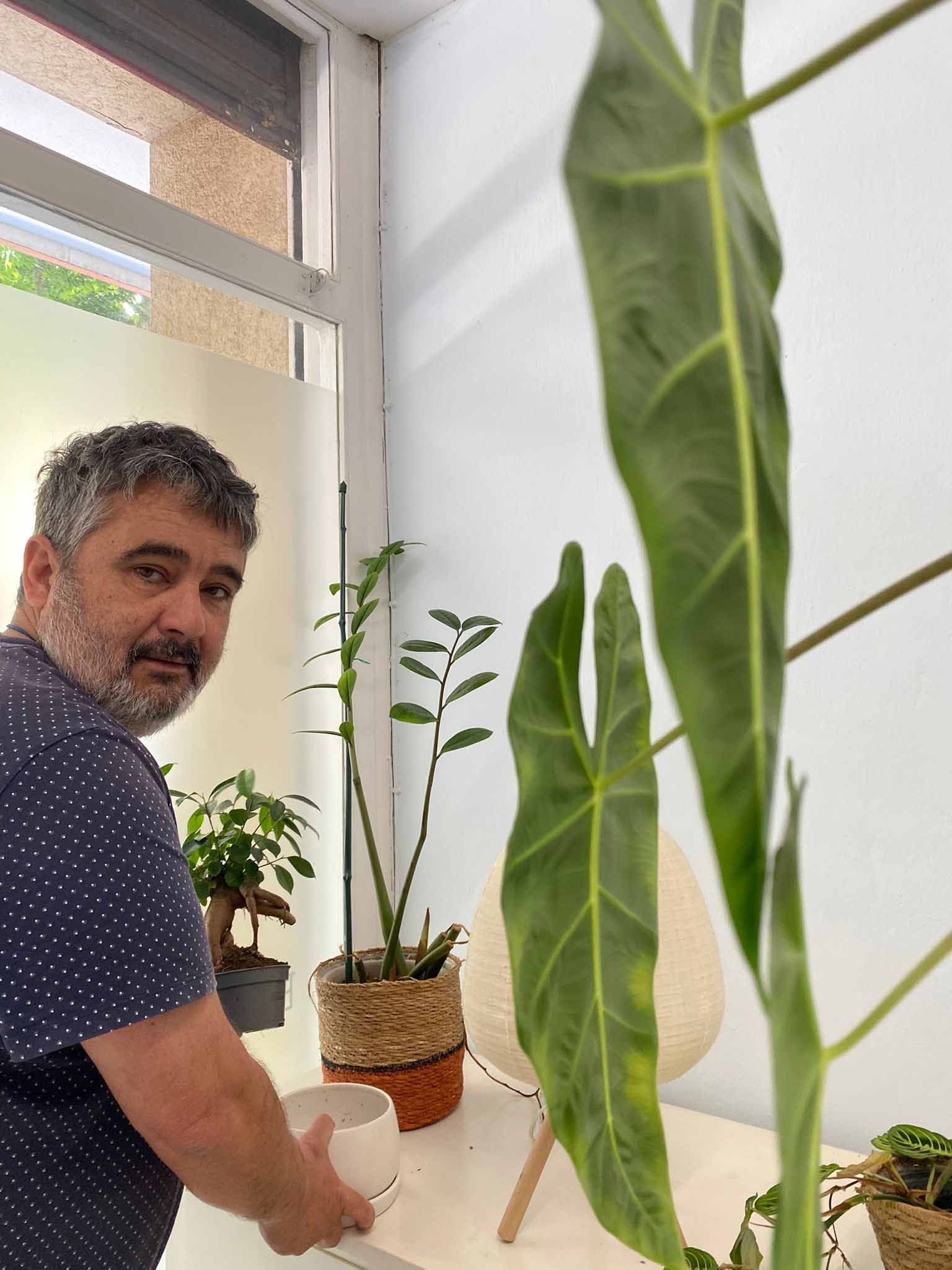 Un hombre con barba está de pie junto a una mesa con plantas en macetas.