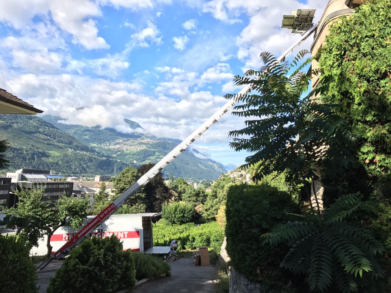 Une grue soulève un arbre devant une maison avec des montagnes en arrière-plan