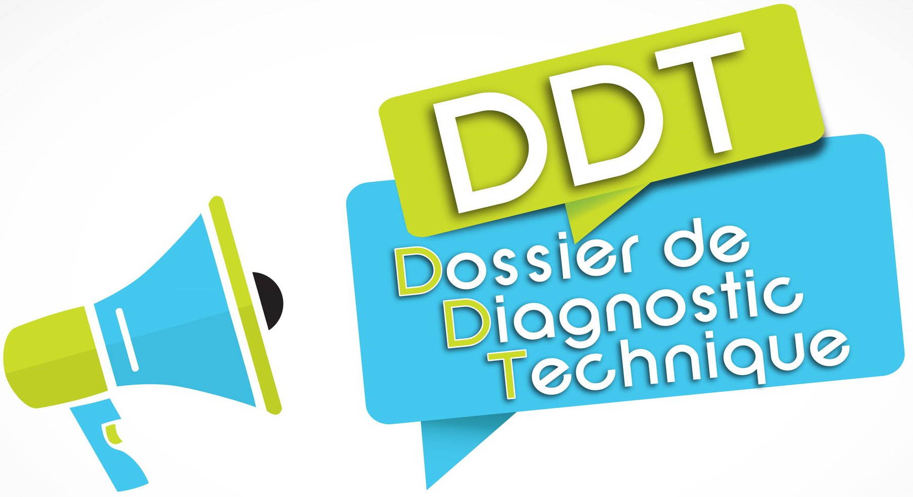 Un porte-voix à côté d'une bulle marquée Dossier de diagnostic technique.