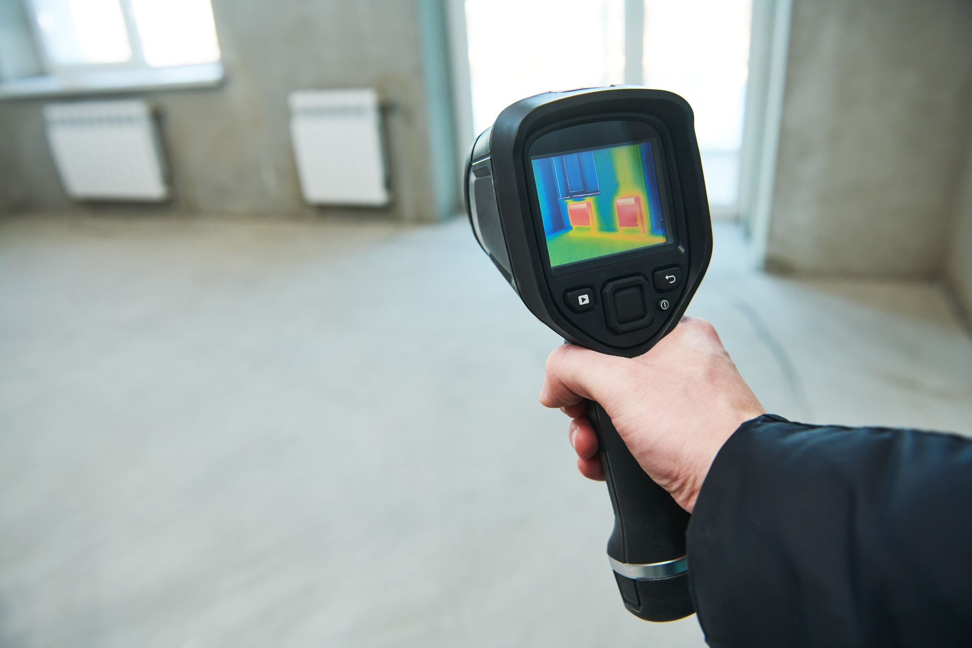 Un homme tenant une caméra thermique réalise un diagnostic d'un habitat.