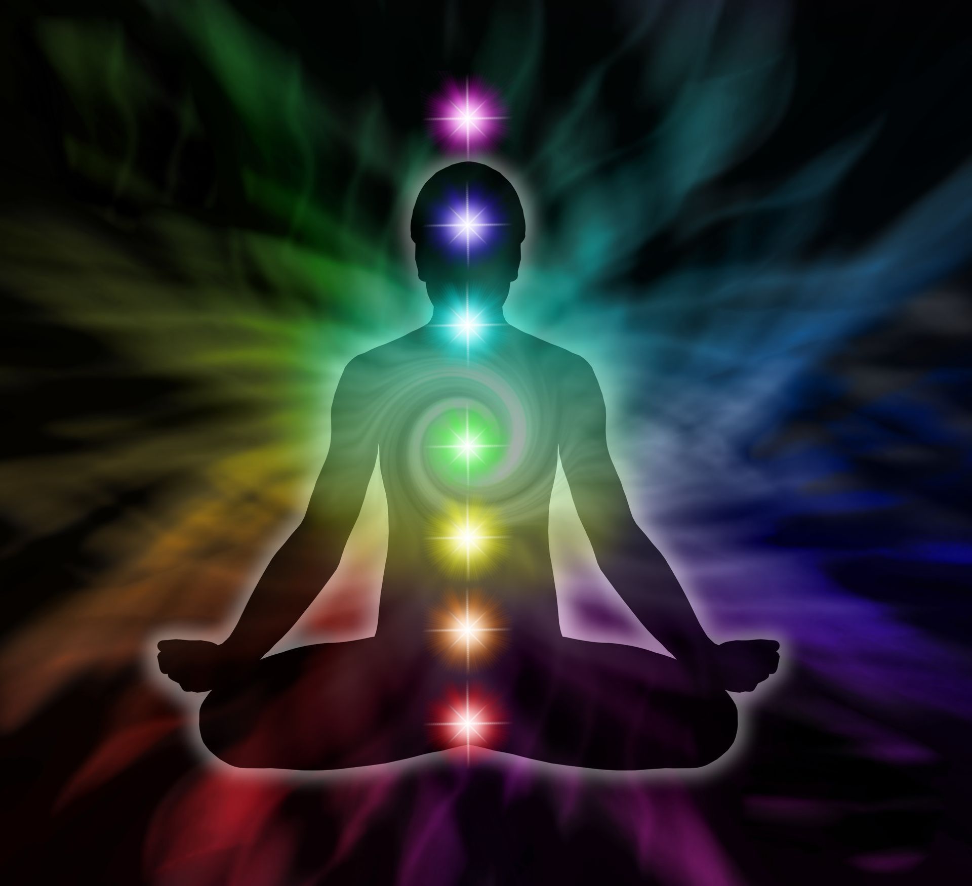 Une silhouette d'une personne assise en position du lotus avec des chakras qui l'entourent.