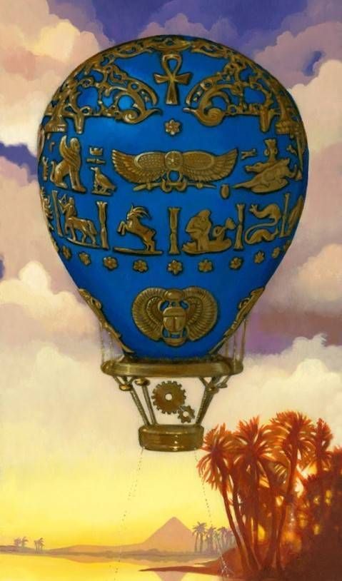 Une montgolfière bleue avec une écriture égyptienne dessus