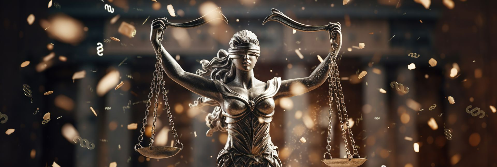 Femme les yeux bandés les bras en l'air et cassant la balance de la justice