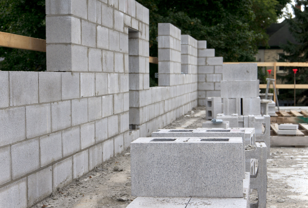 Un mur de briques est en construction sur un chantier de construction
