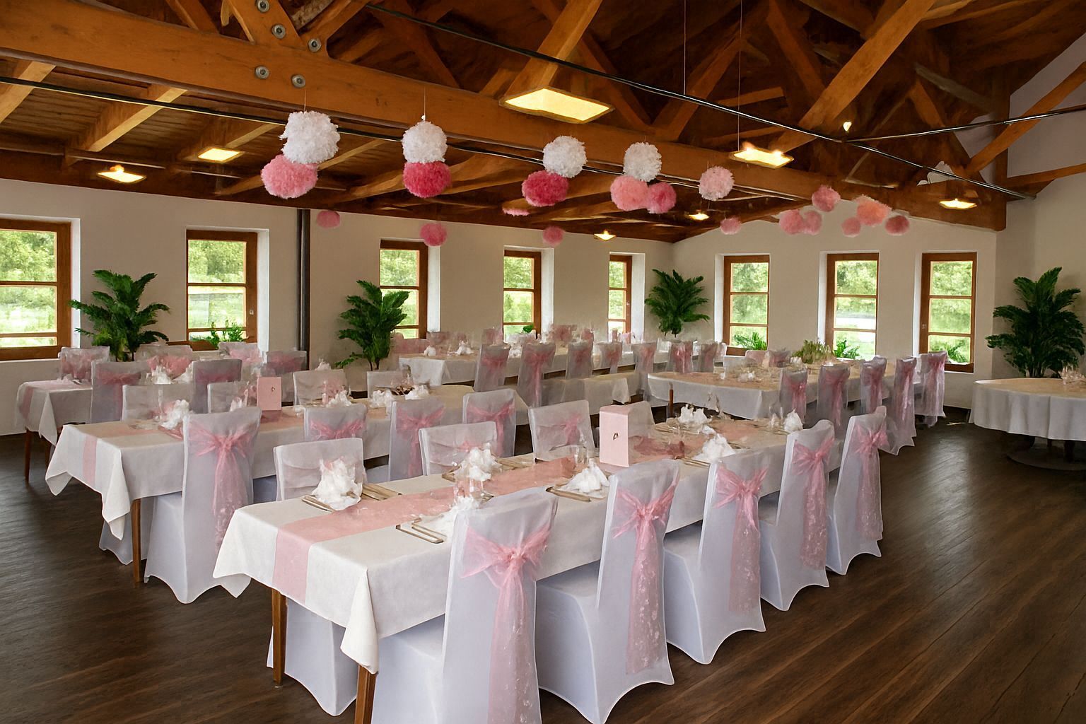 Eine weitläufige Halle mit einem langen, gedeckten Tisch in Weihnachtsatmosphäre