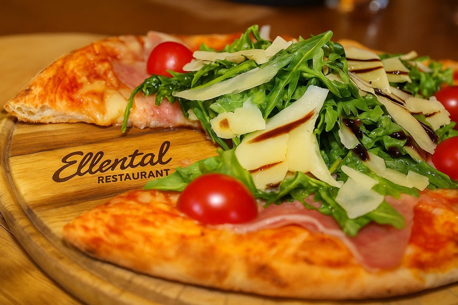 Eine Pizza auf einem Pizzabrett. Ein Stück fehlt bereits, darunter ist der Schriftzug 