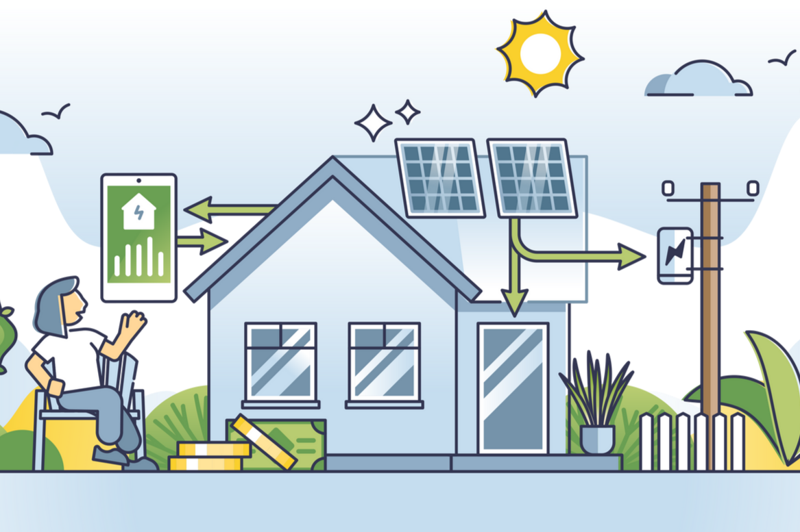 Illustration d'une maison équipée de panneaux solaires et de son fonctionnement.