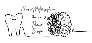 Dibujo lineal de un diente, l&iacute;neas enredadas y un cerebro; el texto dice &ldquo;Cl&iacute;nica Multidisciplinar, Parque Europa&rdquo;.