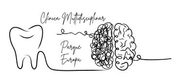 Dibujo lineal de un diente, l&iacute;neas enredadas y un cerebro; el texto dice &ldquo;Cl&iacute;nica Multidisciplinar, Parque Europa&rdquo;.
