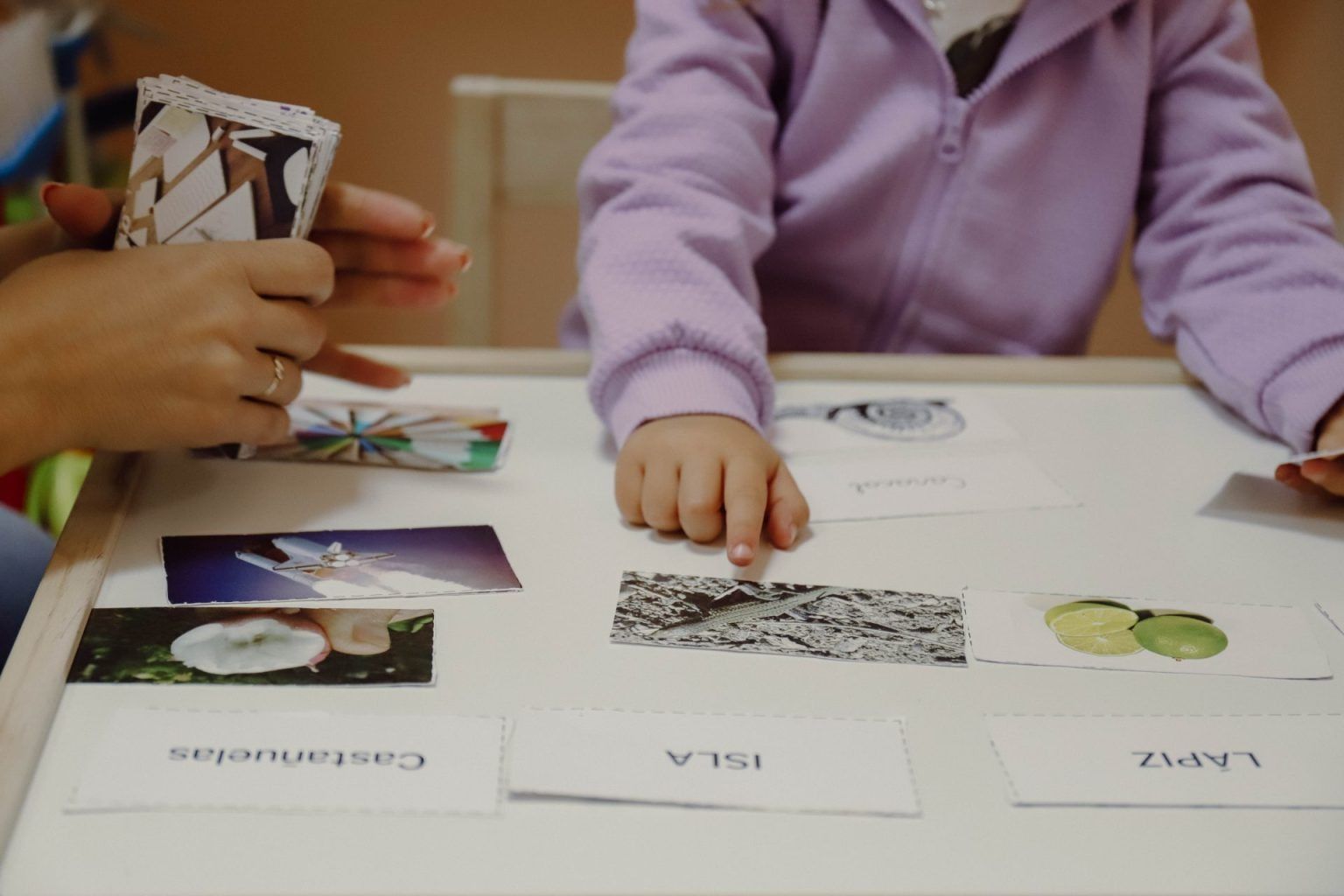 Niño señala una imagen en una mesa con otras imágenes y tarjetas etiquetadas; la mano de un adulto sostiene más tarjetas.