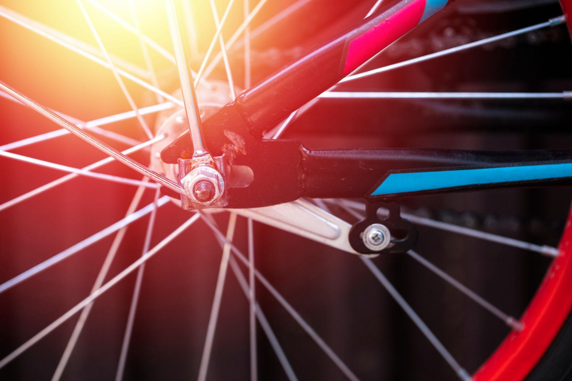 Primer plano de una rueda de bicicleta con llanta roja, radios plateados y cuadro negro. Luz solar intensa.