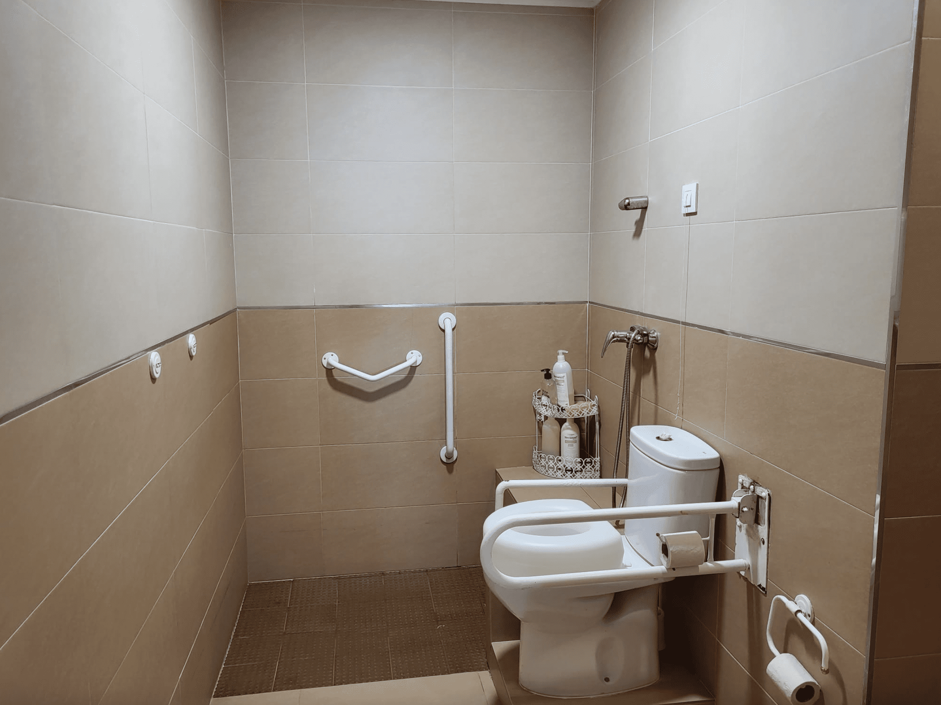 Un baño con inodoro, ducha y pasamanos.