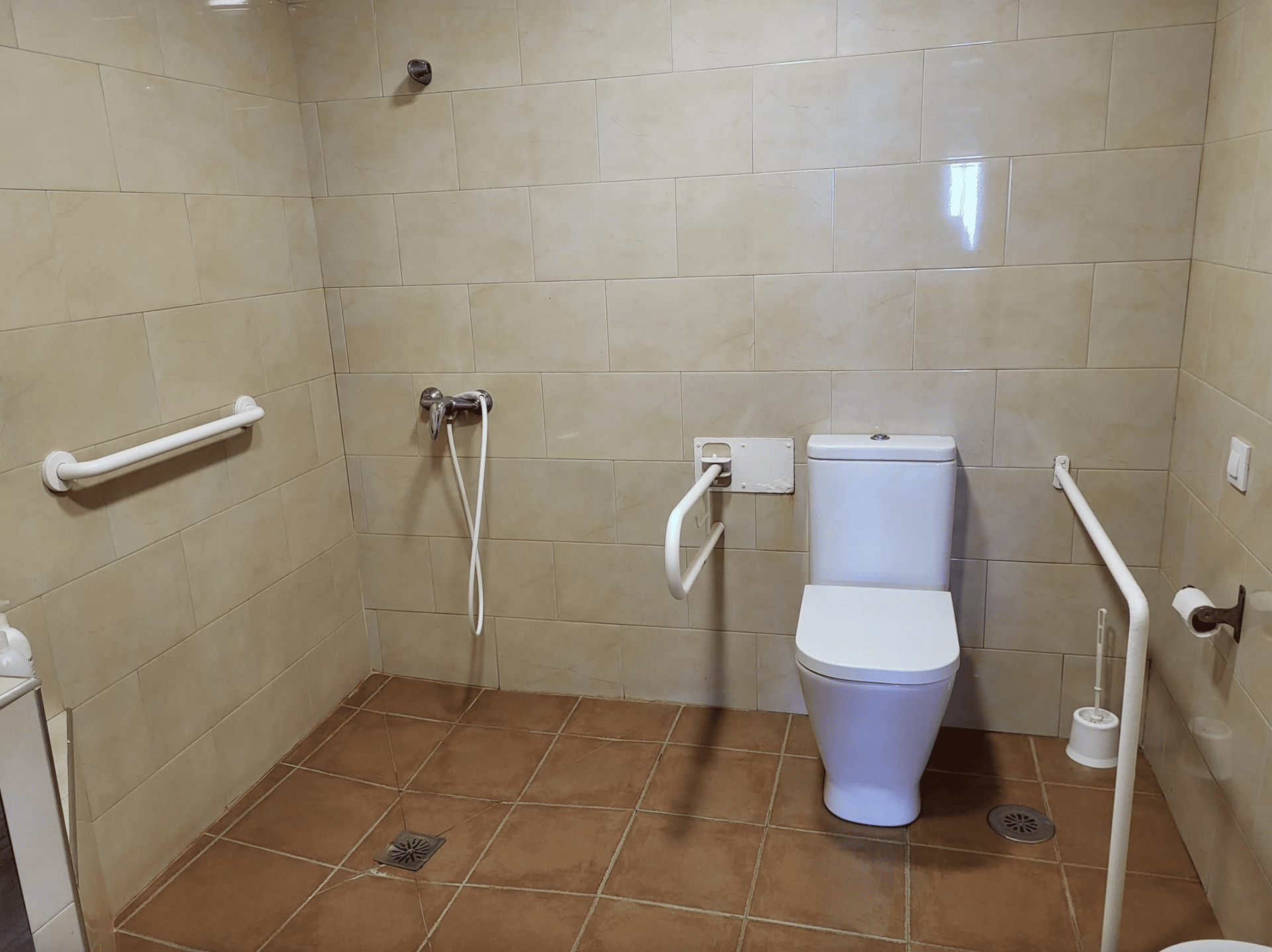 Un baño con inodoro y ducha.