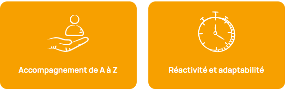 Two orange boxes. One shows a hand under a person icon. Text: Accompagnement de A à Z. The other has a stopwatch. Text: Réactivité et adaptabilité.