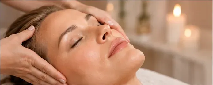 Mujer recibiendo un relajante masaje facial en un spa, con velas de fondo