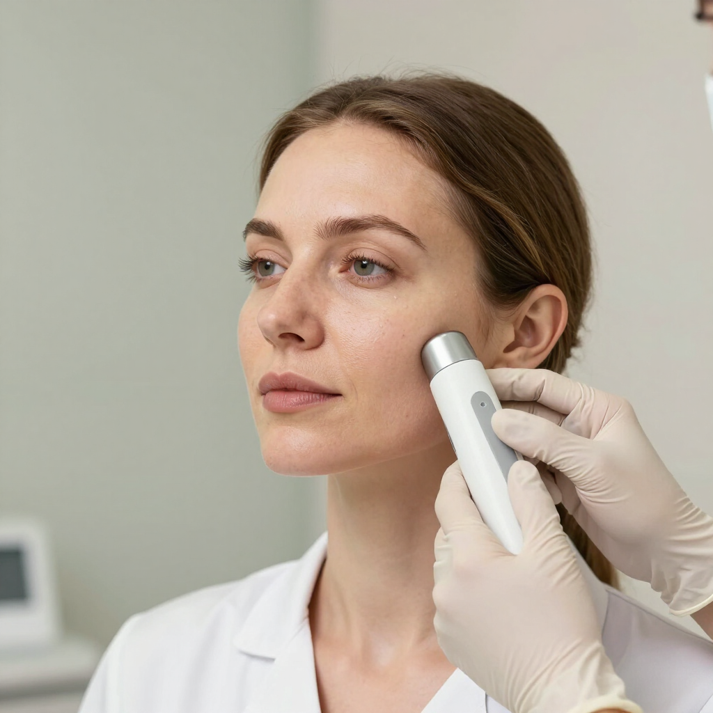 Una trabajadora de una clínica usando un dispositivo portátil en la mejilla de una mujer durante un tratamiento facial