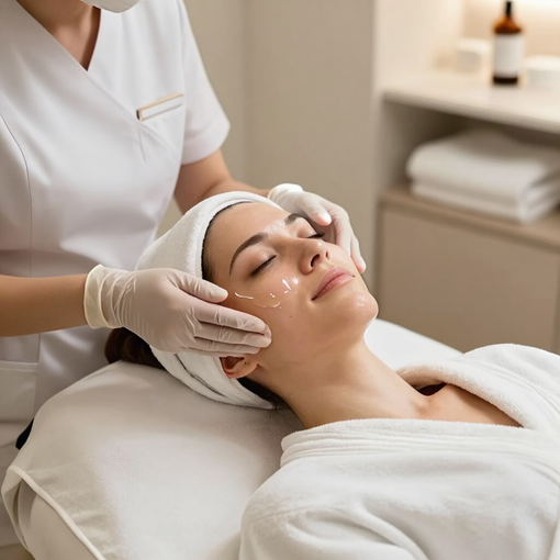 Tratamiento facial en un spa, con una esteticista aplicando crema a un cliente recostado con bata