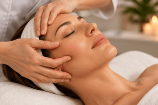 Masaje facial con las manos, presionando suavemente las mejillas y los labios; persona tumbada con los ojos cerrados