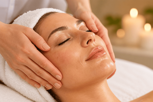 Persona recibiendo un relajante masaje facial con los ojos cerrados en una camilla de spa