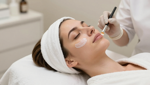 Mujer recibiendo un tratamiento facial con un cepillo mientras está tumbada en una camilla de spa, con una cinta blanca en el pelo y parches en los ojos