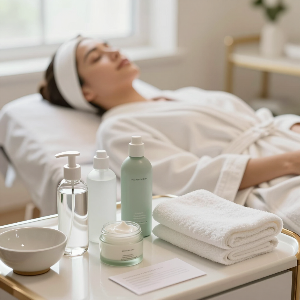 Preparación de spa con productos para el cuidado de la piel, toallas y una mujer descansando en una camilla de masaje