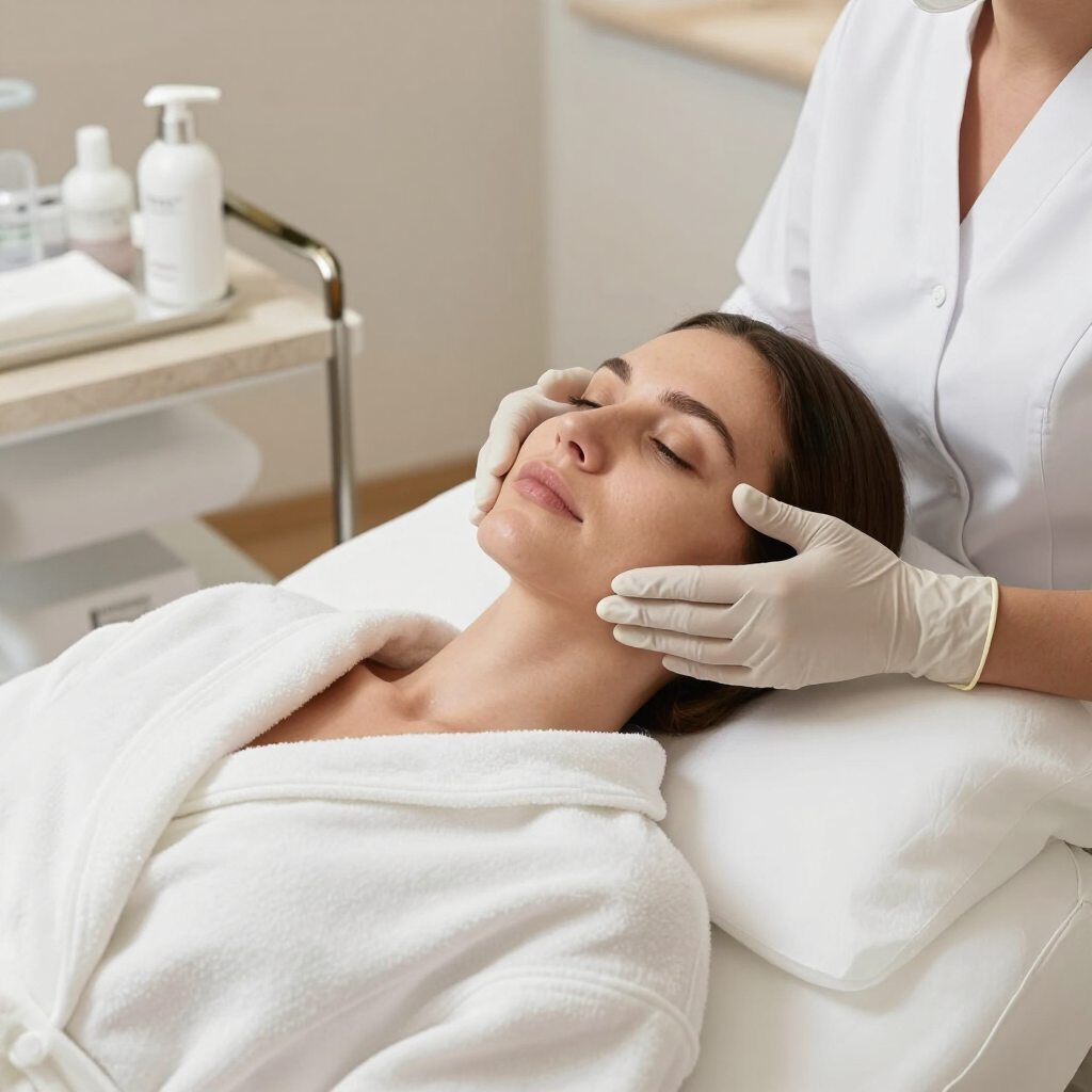 Terapeuta de spa dando un masaje facial a una clienta recostada con una bata blanca