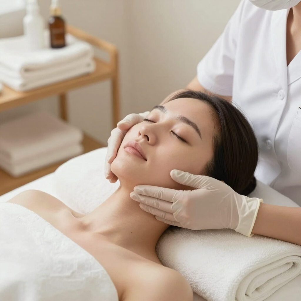 Tratamiento facial de spa con una mujer tumbada mientras la terapeuta, con guantes, le masajea suavemente el rostro