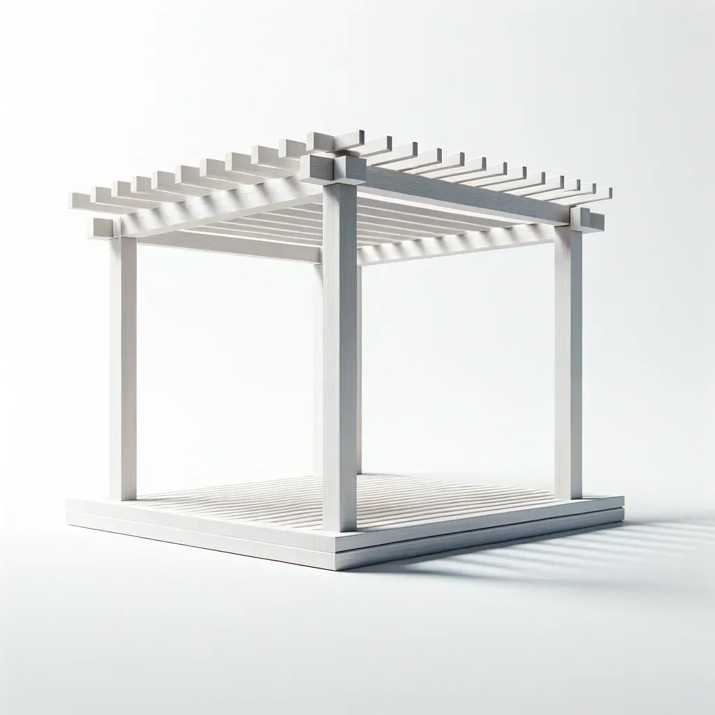 Pergola en bois blanc projetant des ombres sur une surface blanche.