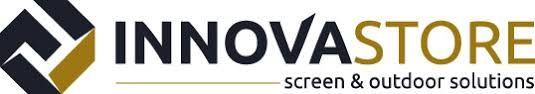 Logo pour InnovaStore. Texte : « INNOVÁSTORE » avec « solutions d’écran et d’extérieur » en dessous. Couleurs : bleu foncé et or.
