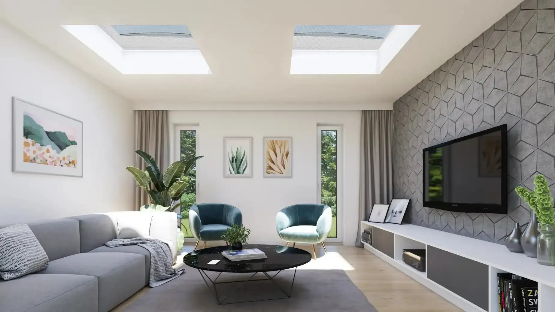 Salon avec deux VELUX dotés de moustiquaires.