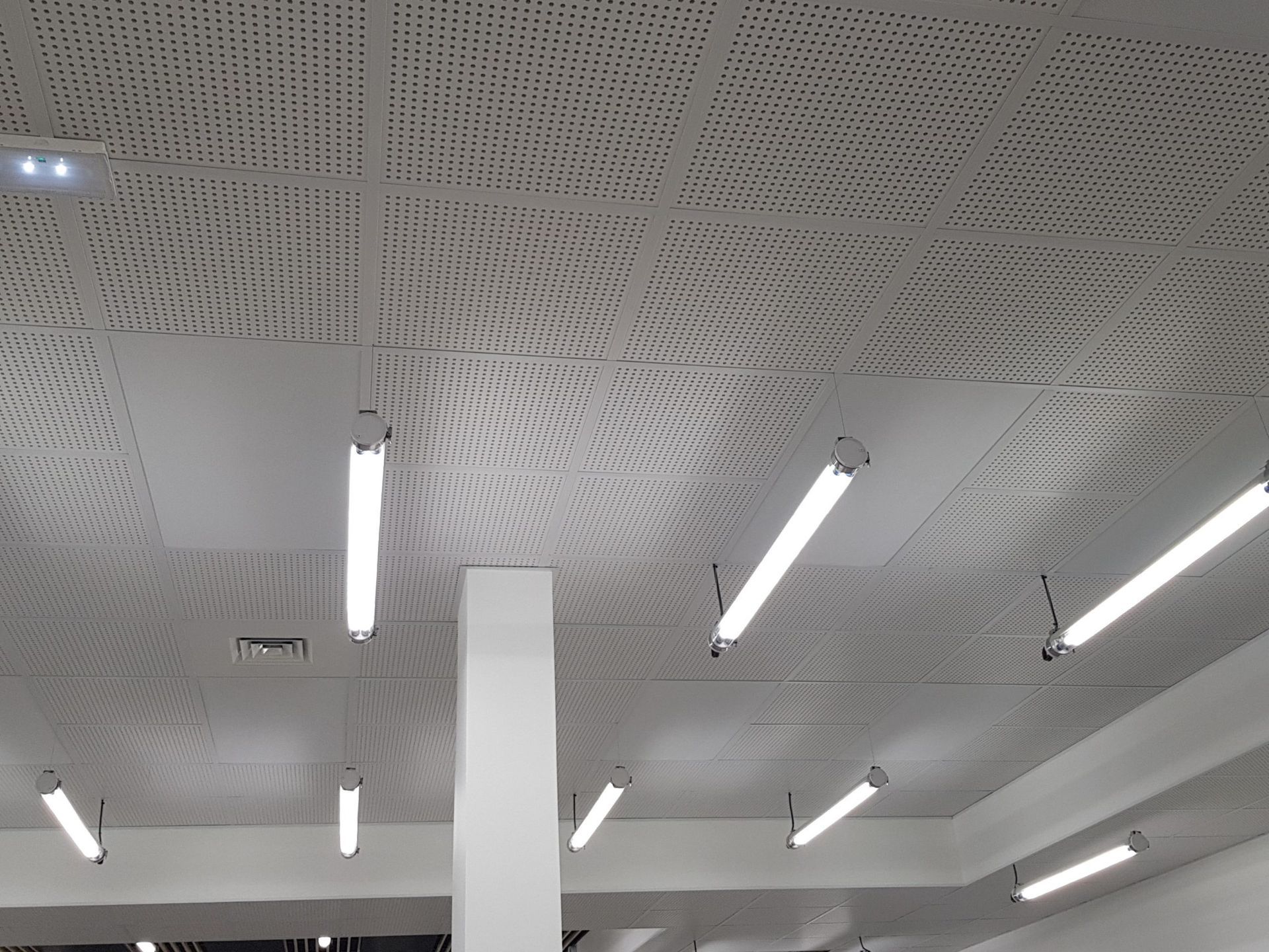 Plafond blanc avec lumières fluorescentes suspendues et panneaux acoustiques.