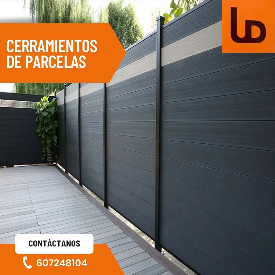 An ad for cerramientos de parcelas shows a black fence