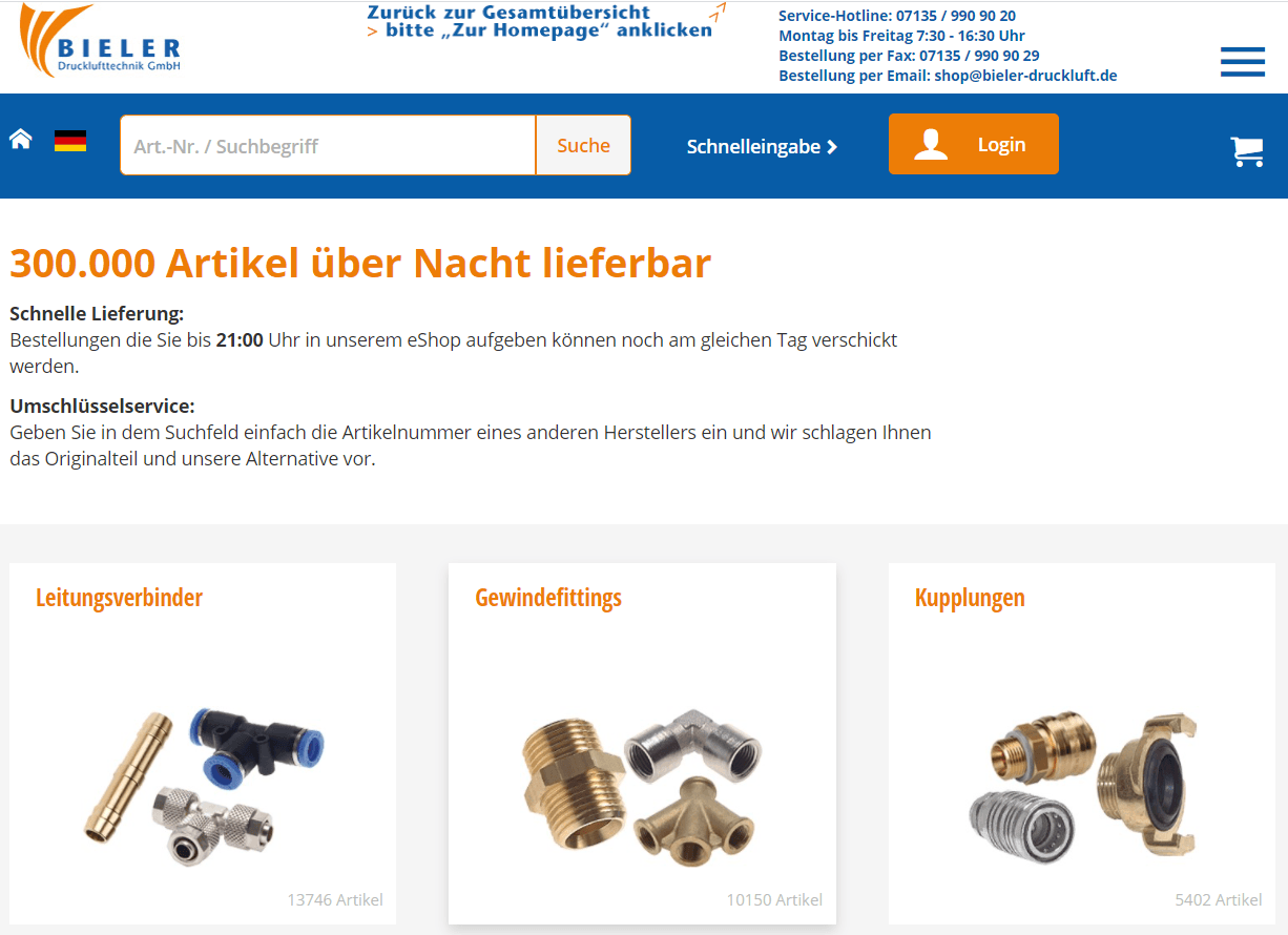 Bieler Webshop | Über Dreihunderttausend Pressluftartikel vom Druckluft-Fachhändler über Nacht lieferbar