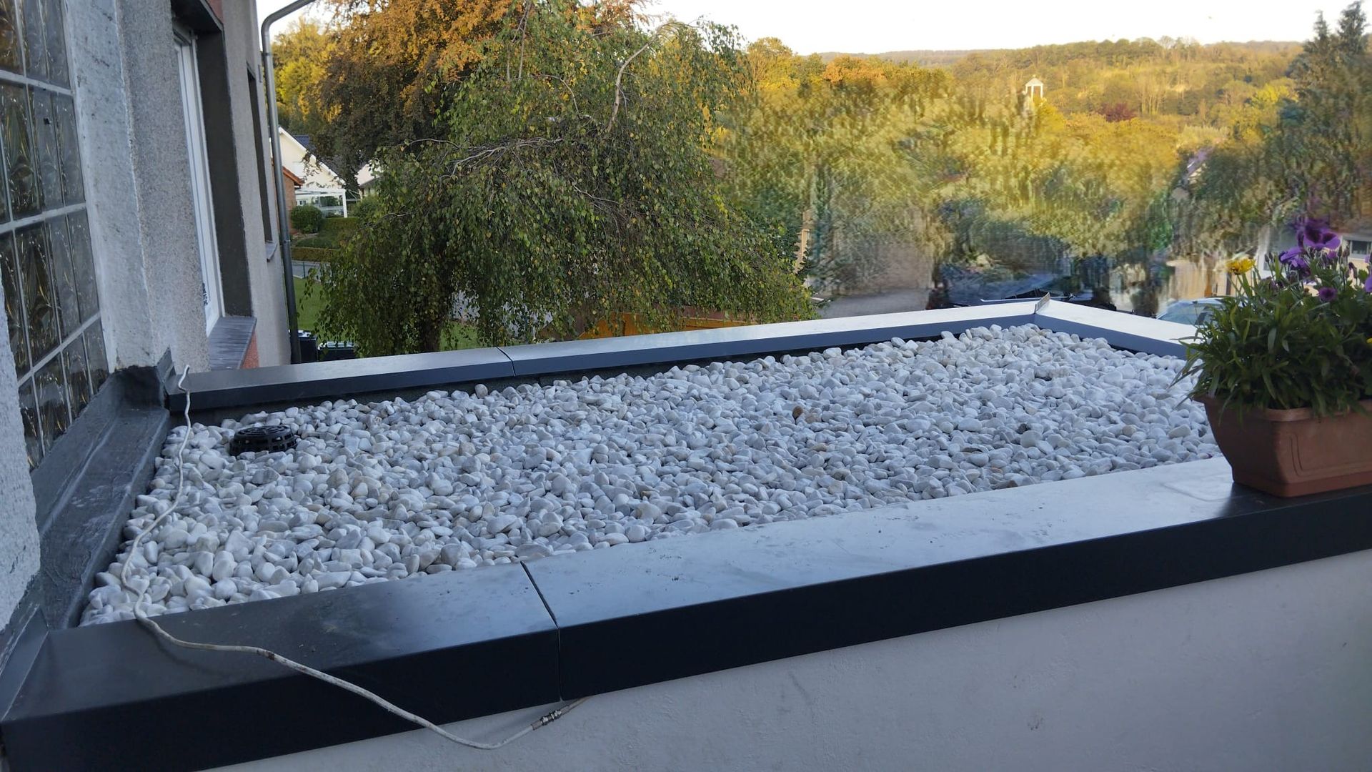 Ein mit weißem Kies gefüllter Balkon und eine Topfpflanze.