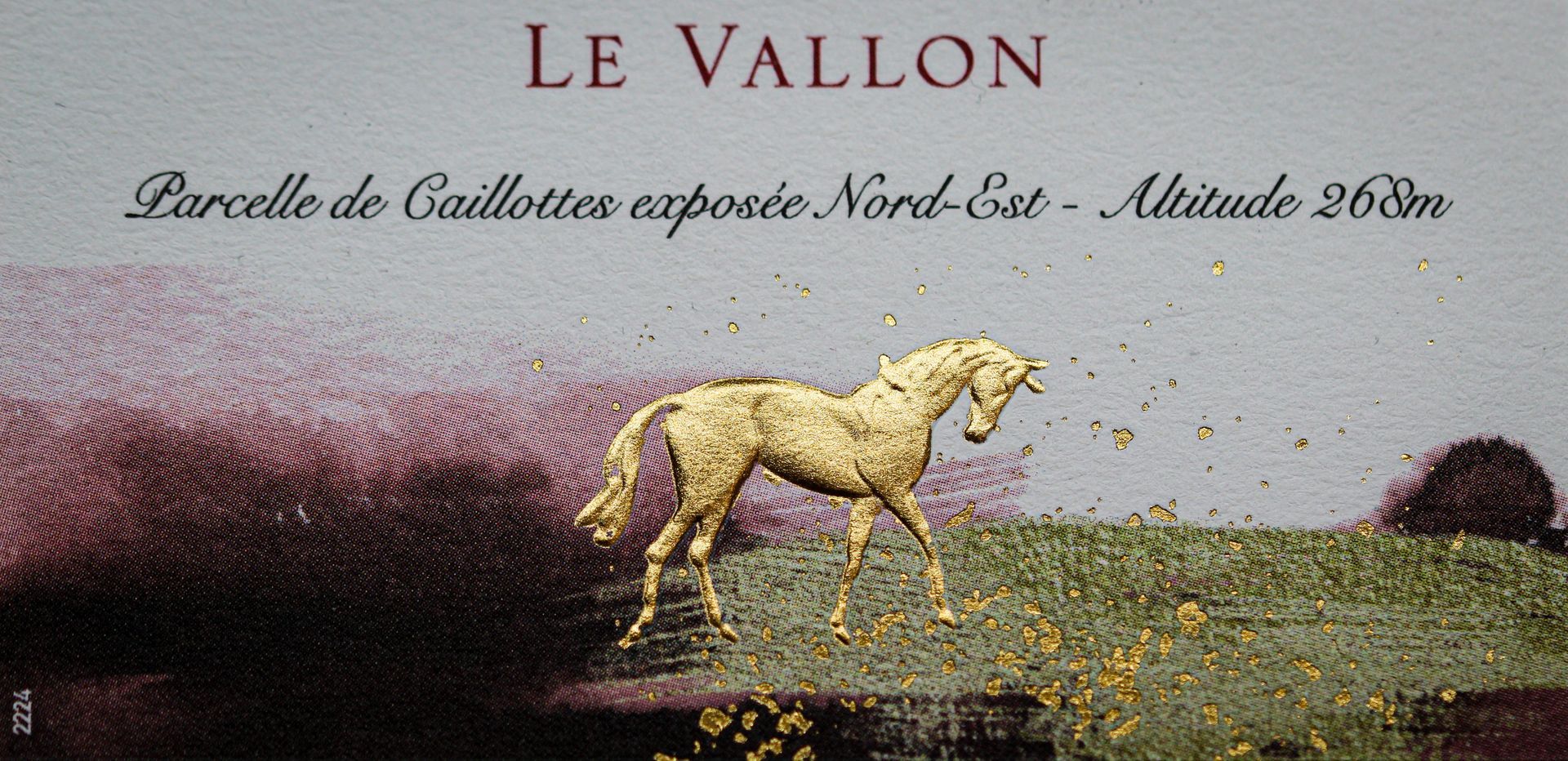 Étiquette d'une bouteille de vin Le Vallon avec un cheval doré