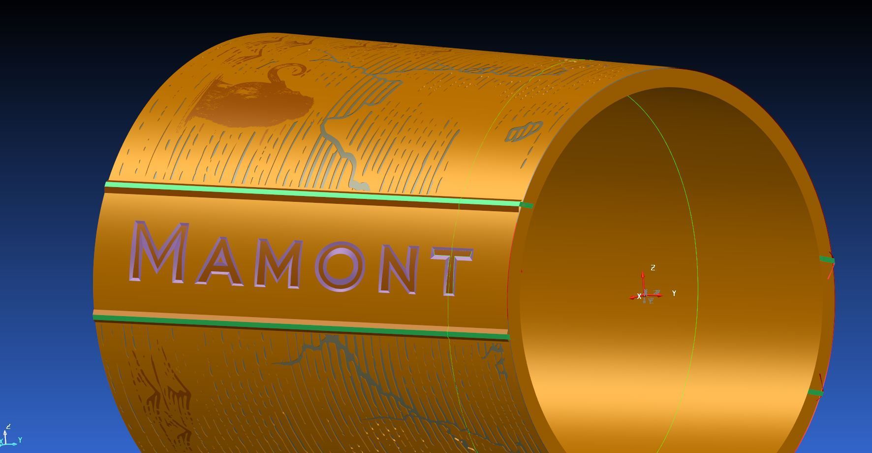 Prototype d'un cylindre avec le mot Mamont écrit sur la hauteur