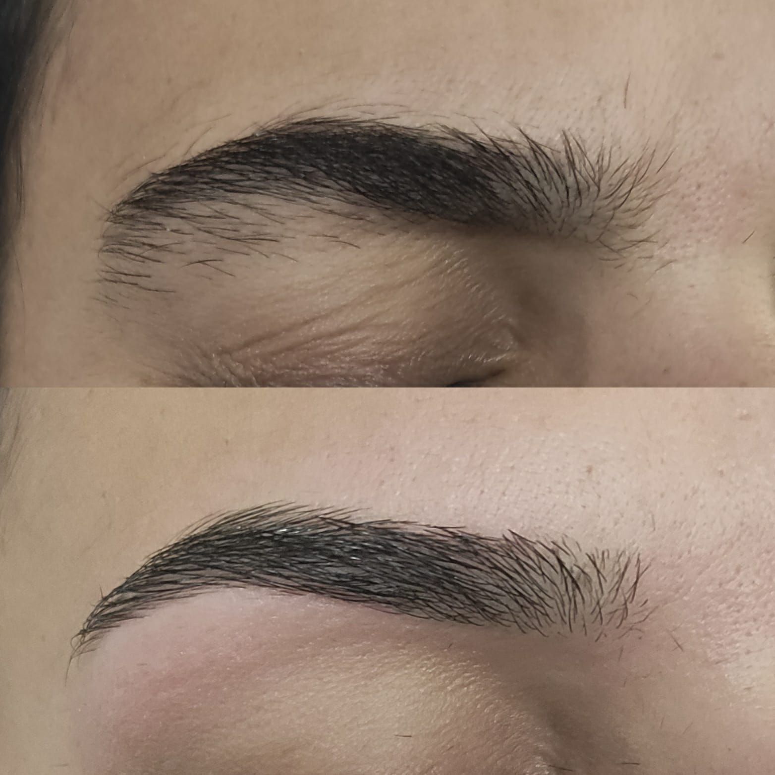 Una fotografía de antes y después de las cejas de una mujer.