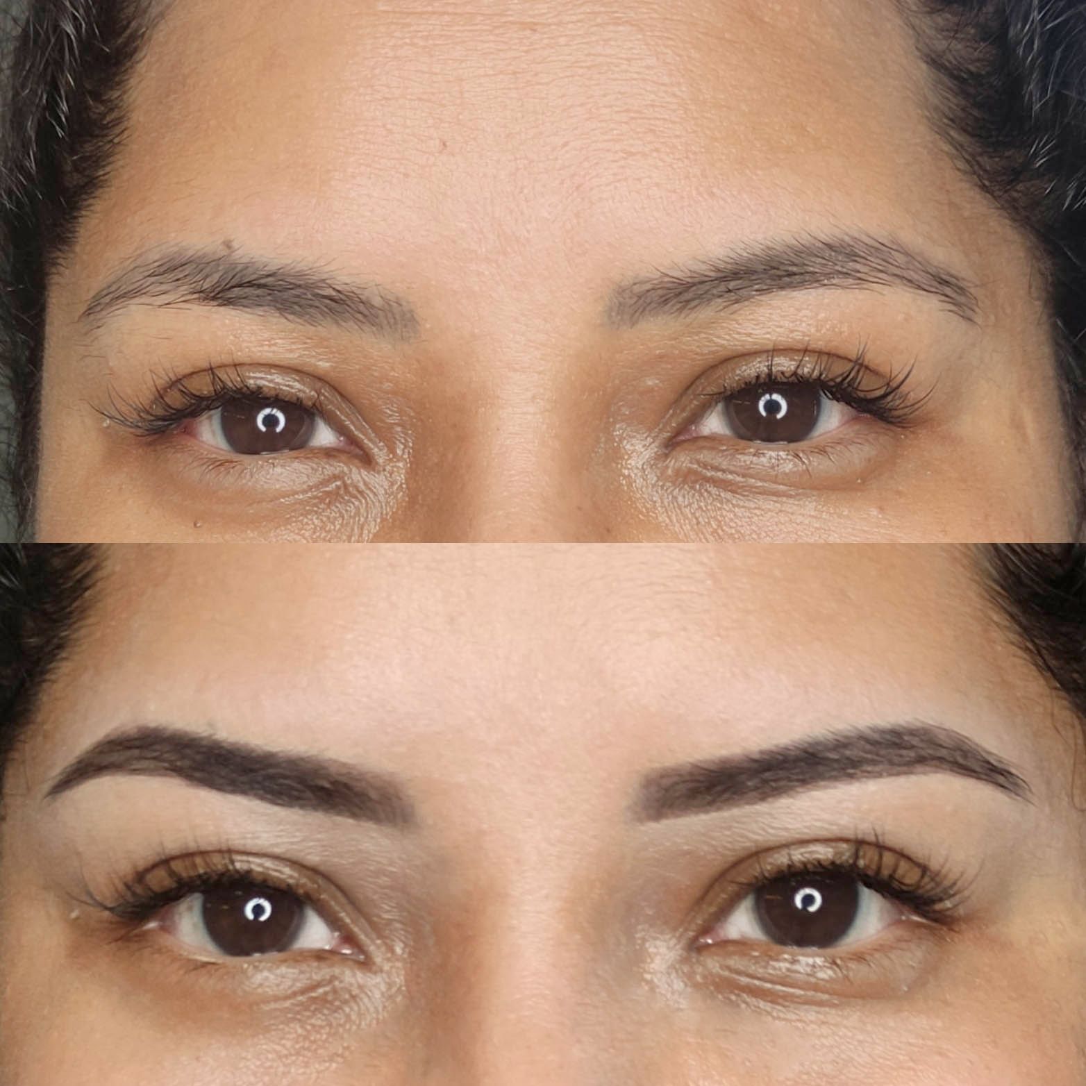 Una foto de antes y después de las cejas de una mujer.